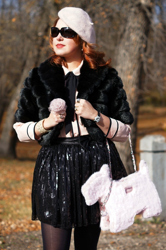 Winnipeg fashion blog, Canadian fashion blog, Laura black cropped faux fur jacket, Forever 21 peach pink black french bow tie collar blouse, Pretty Polly black silver sparkle faux argyle socks, Forever 21 black sequin shirt circle skirt, pink wool Ardene beret, Icing tulle pink flower ring, Kenneth Jay Lane velvet cystal heart watch, Chie Mihara bow Atame platform leather heels